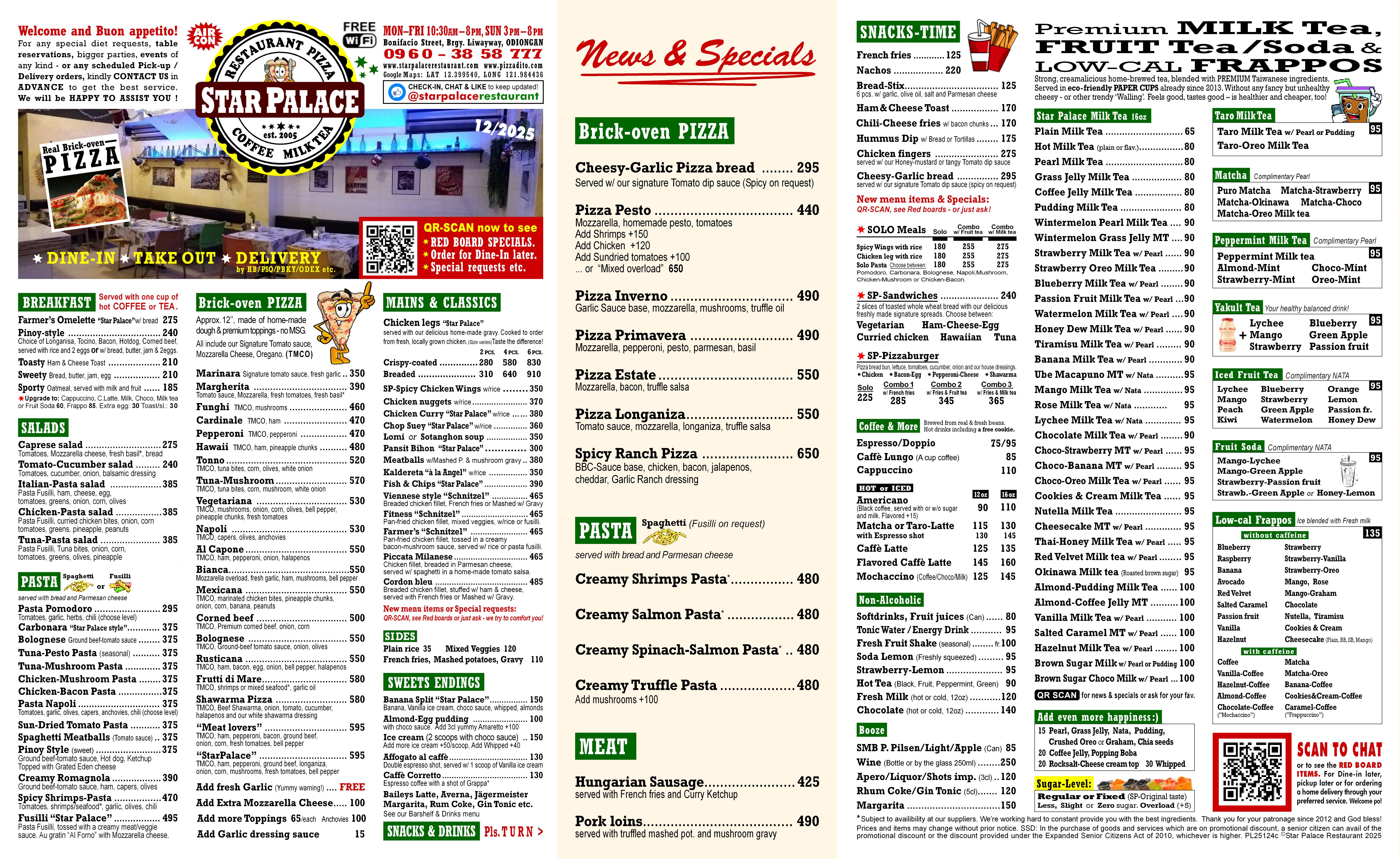 MENU Star Palace Restaurant-Pizzeria & Milk tea bar in Odiongan, Tablas Island, Romblon